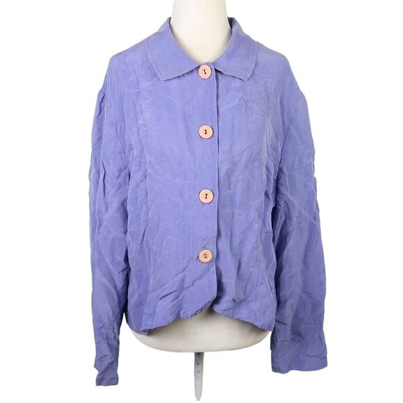 Vintage 80s Clues Periwinkle Blue Silk Button Down Blouse Top L - Picture 1 of 5